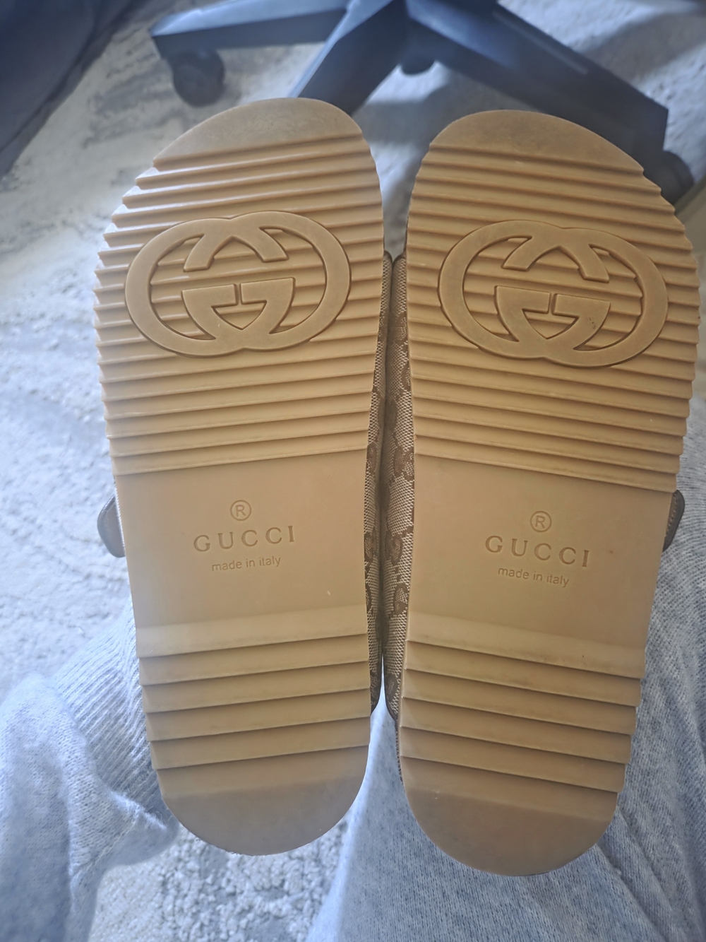 Gucci Brown-Beige Monogram Double Buckle Slide Sandals - Picture 2 of 5